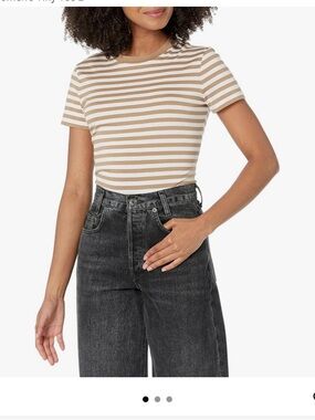 Theory Beige & White Striped Crewneck Tee